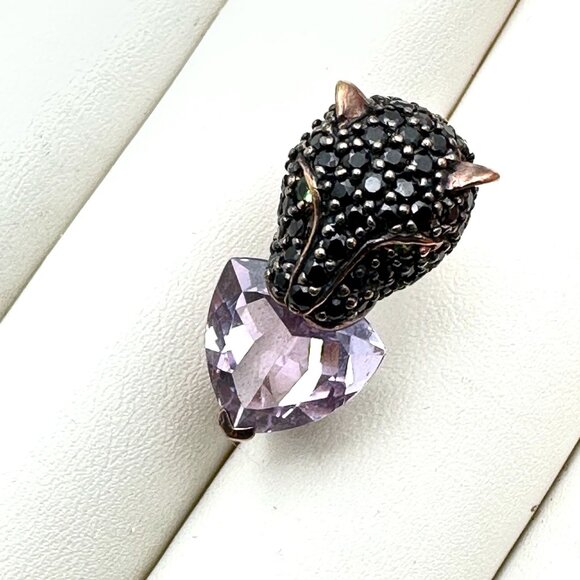 Black Spinel Multi Gemstone Jaguar Cat Rose Gold Sterling Silver Ring Size 6 - Picture 3 of 3